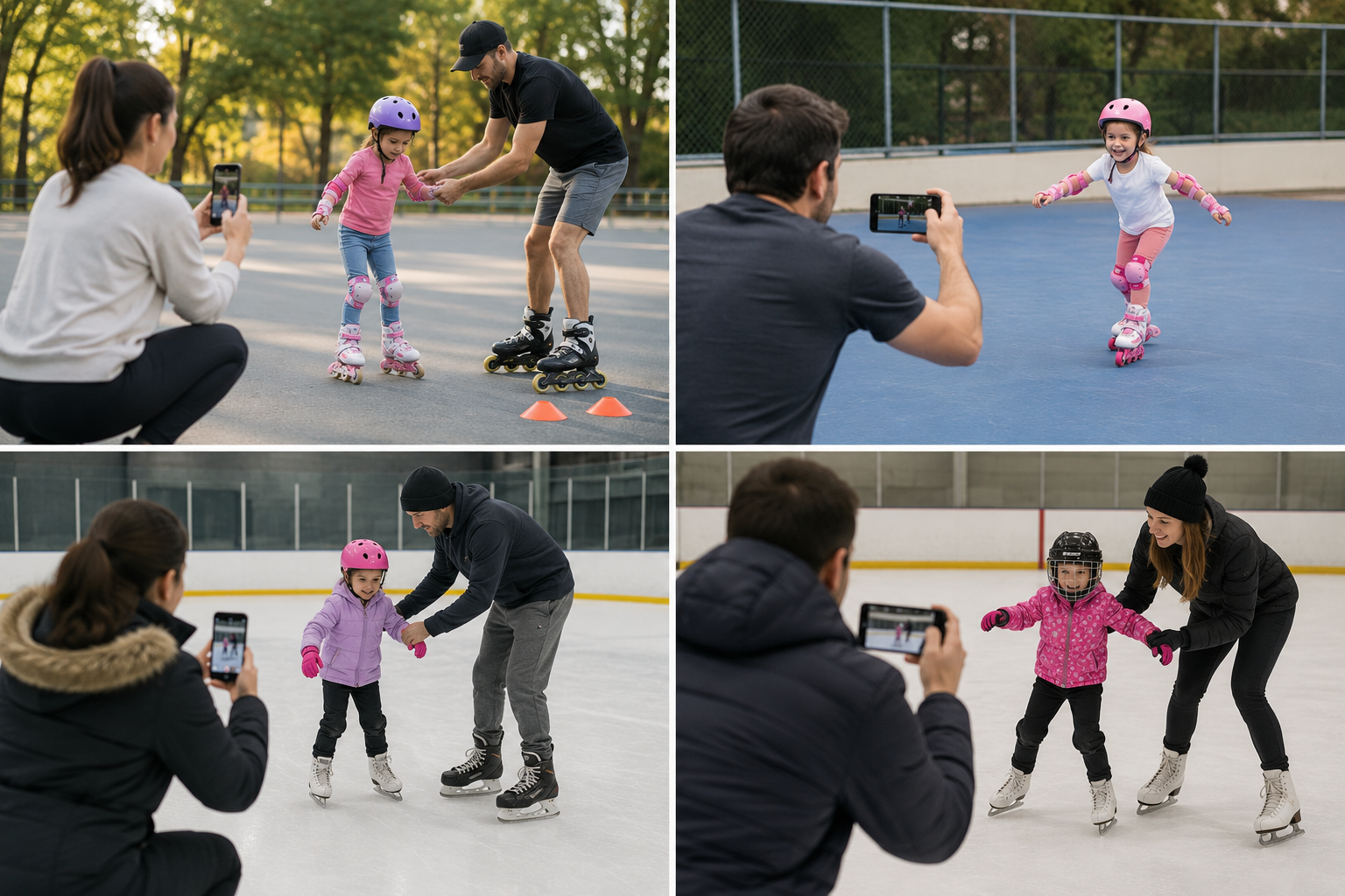 Parents teaching their children to skate